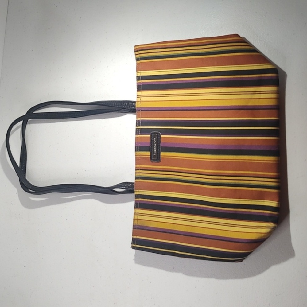 Longaberger Tote Bag Black Rust Yellow Purple Green Stripes With Black Trim